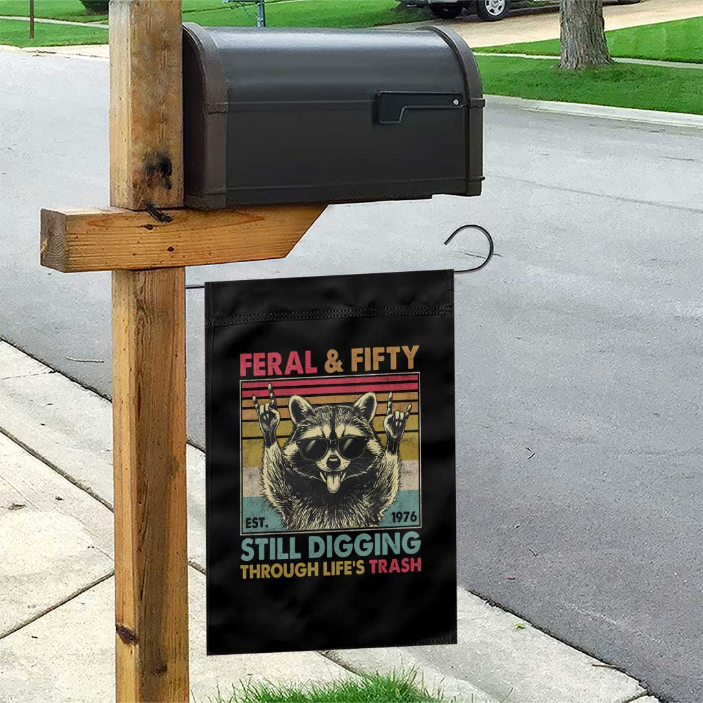 Funny 50th Birthday Garden Flag Retro Racoon Feral And Fifty