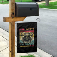 Funny 50th Birthday Garden Flag Retro Racoon Feral And Fifty