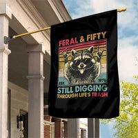 Funny 50th Birthday Garden Flag Retro Racoon Feral And Fifty