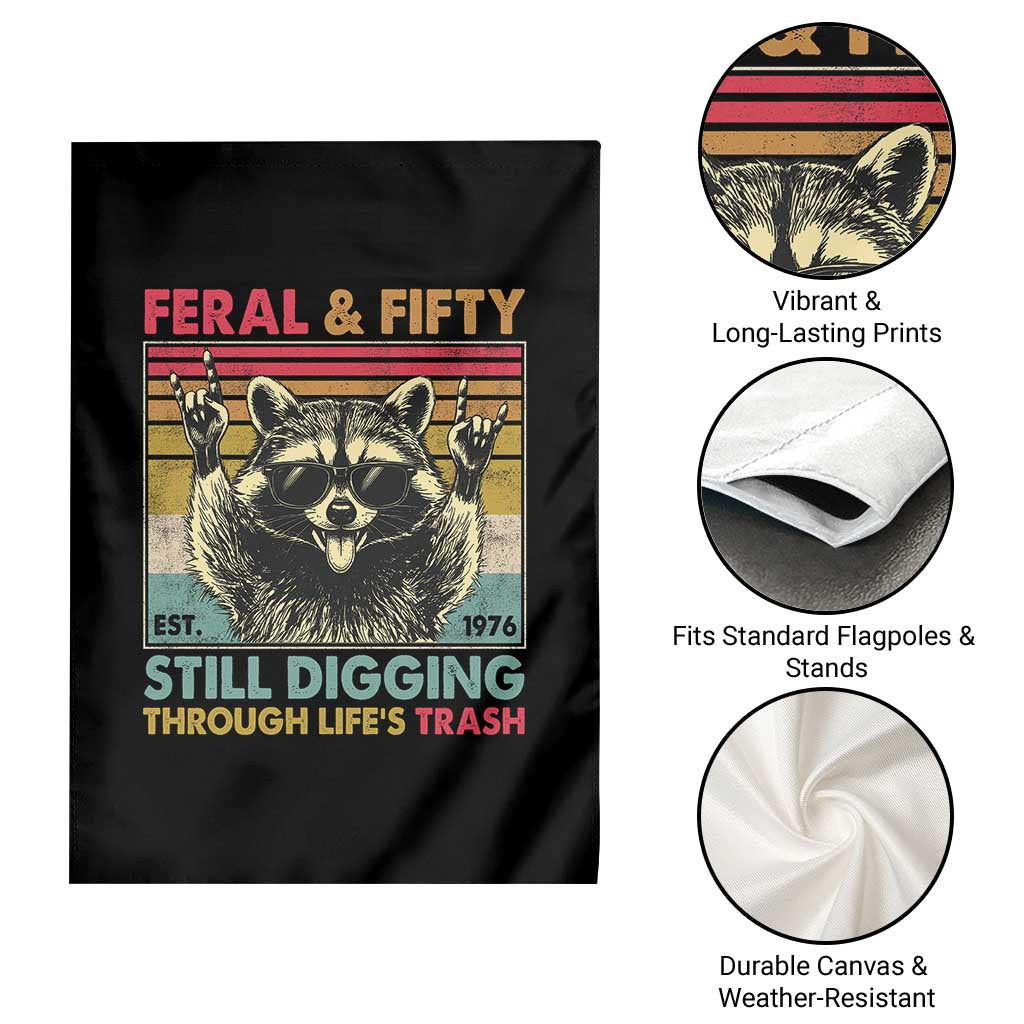 Funny 50th Birthday Garden Flag Retro Racoon Feral And Fifty