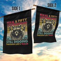 Funny 50th Birthday Garden Flag Retro Racoon Feral And Fifty