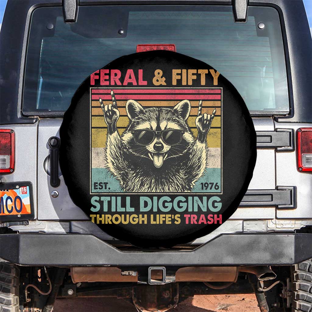 Funny 50th Birthday Spare Tire Cover Retro Racoon Feral And Fifty