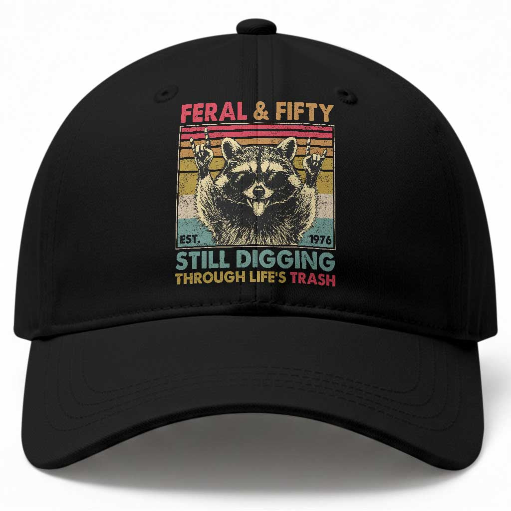 Funny 50th Birthday Baseball Cap Retro Racoon Feral And Fifty