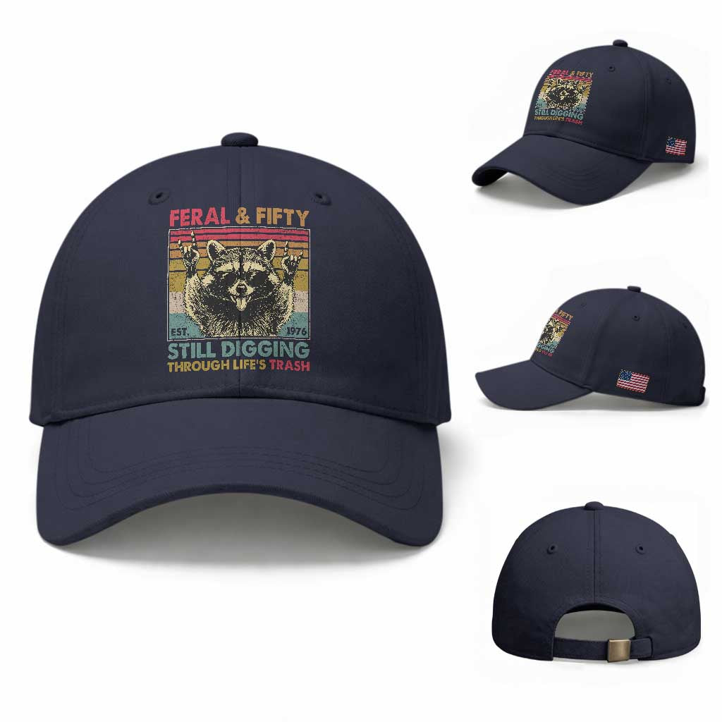 Funny 50th Birthday Baseball Cap Retro Racoon Feral And Fifty