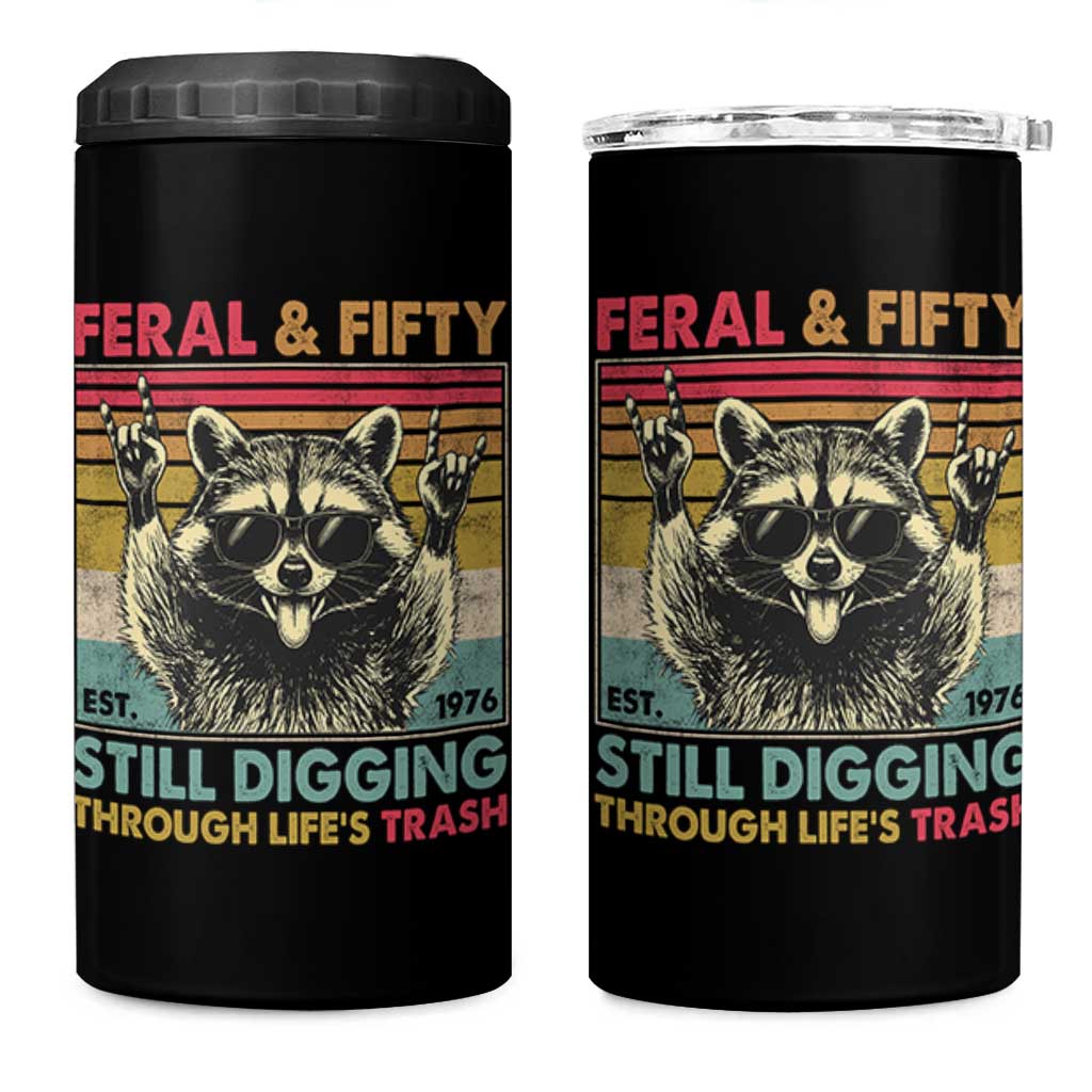 Funny 50th Birthday 4 in 1 Can Cooler Tumbler Retro Racoon Feral And Fifty