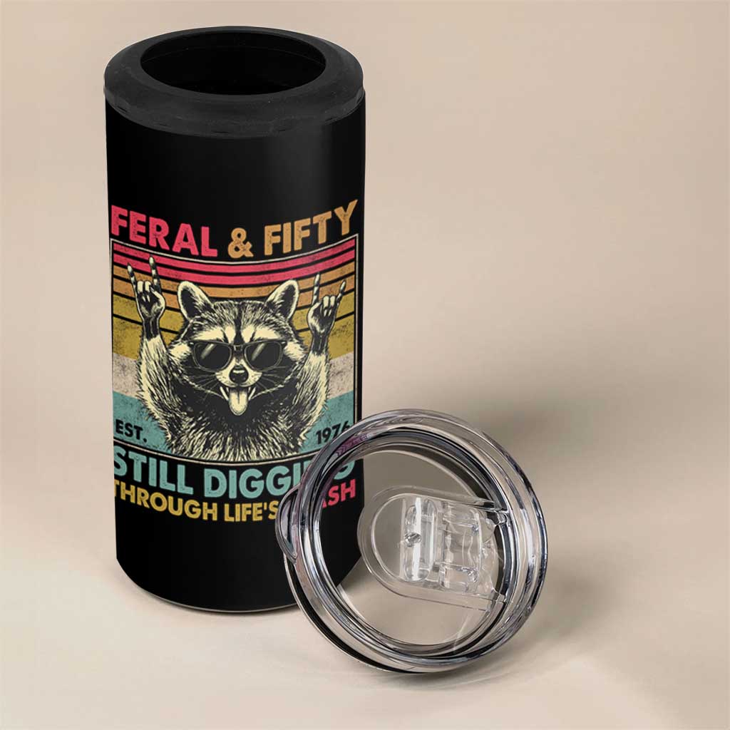Funny 50th Birthday 4 in 1 Can Cooler Tumbler Retro Racoon Feral And Fifty