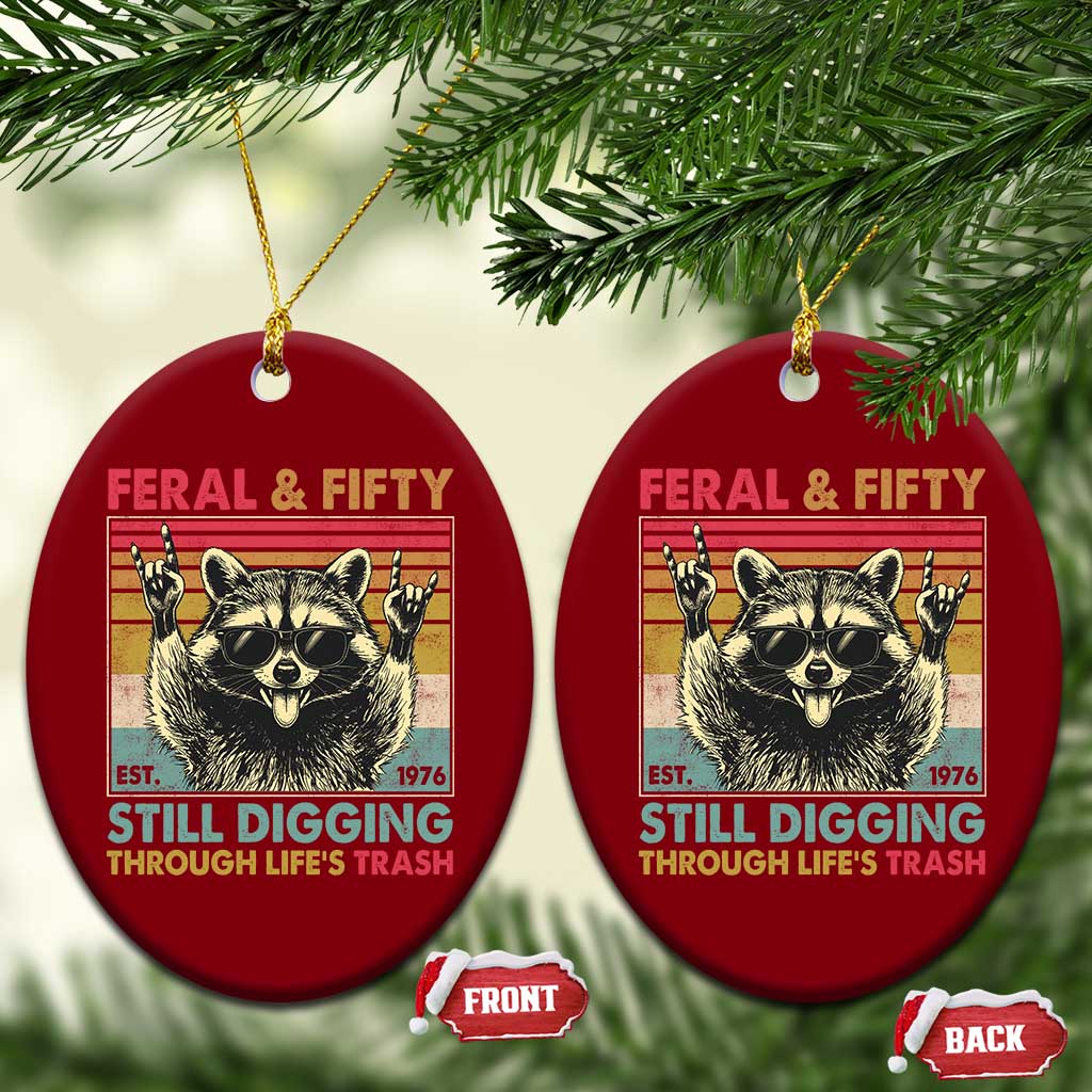 Funny 50th Birthday Ceramic Ornament Retro Racoon Feral And Fifty