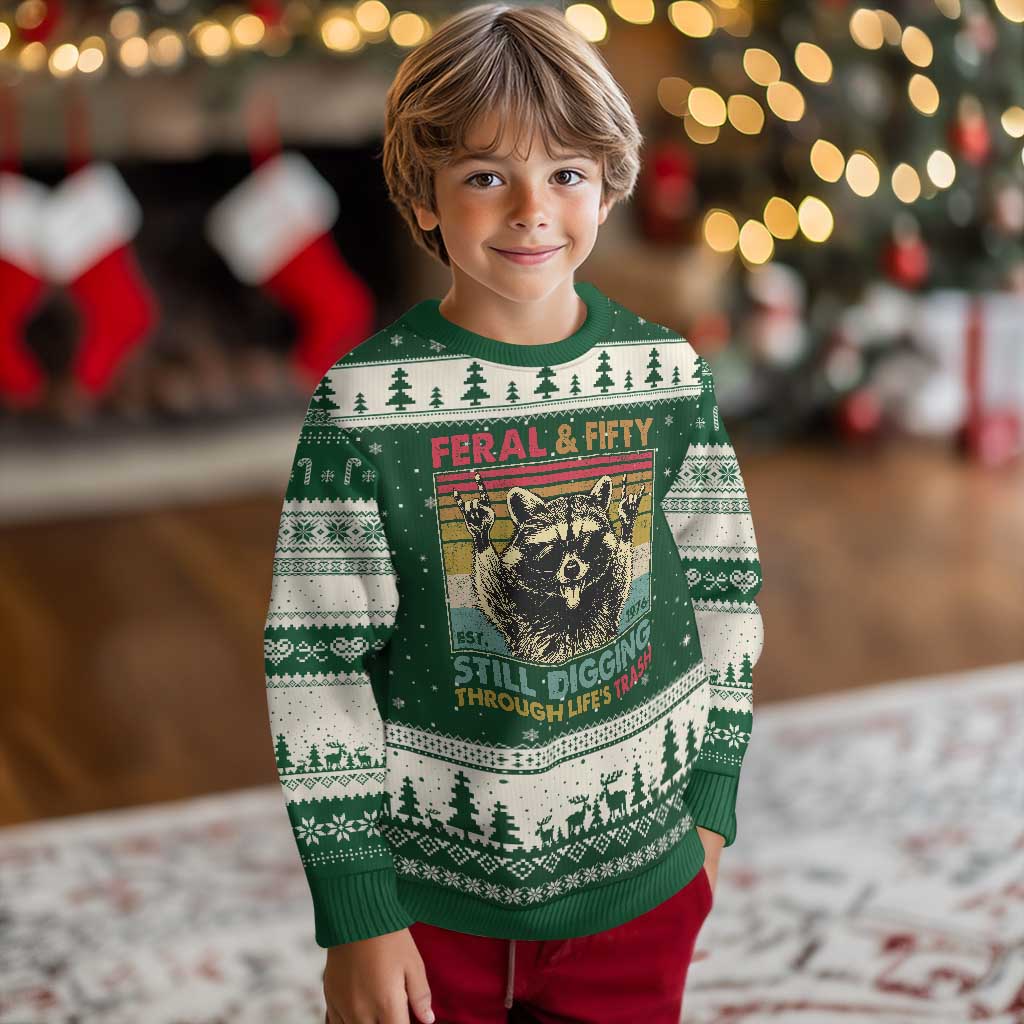 Funny 50th Birthday Ugly Christmas Sweater Retro Racoon Feral And Fifty