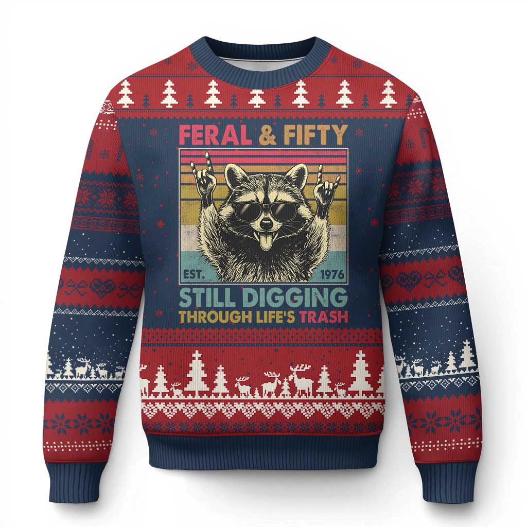Funny 50th Birthday Ugly Christmas Sweater Retro Racoon Feral And Fifty