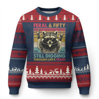 Funny 50th Birthday Ugly Christmas Sweater Retro Racoon Feral And Fifty