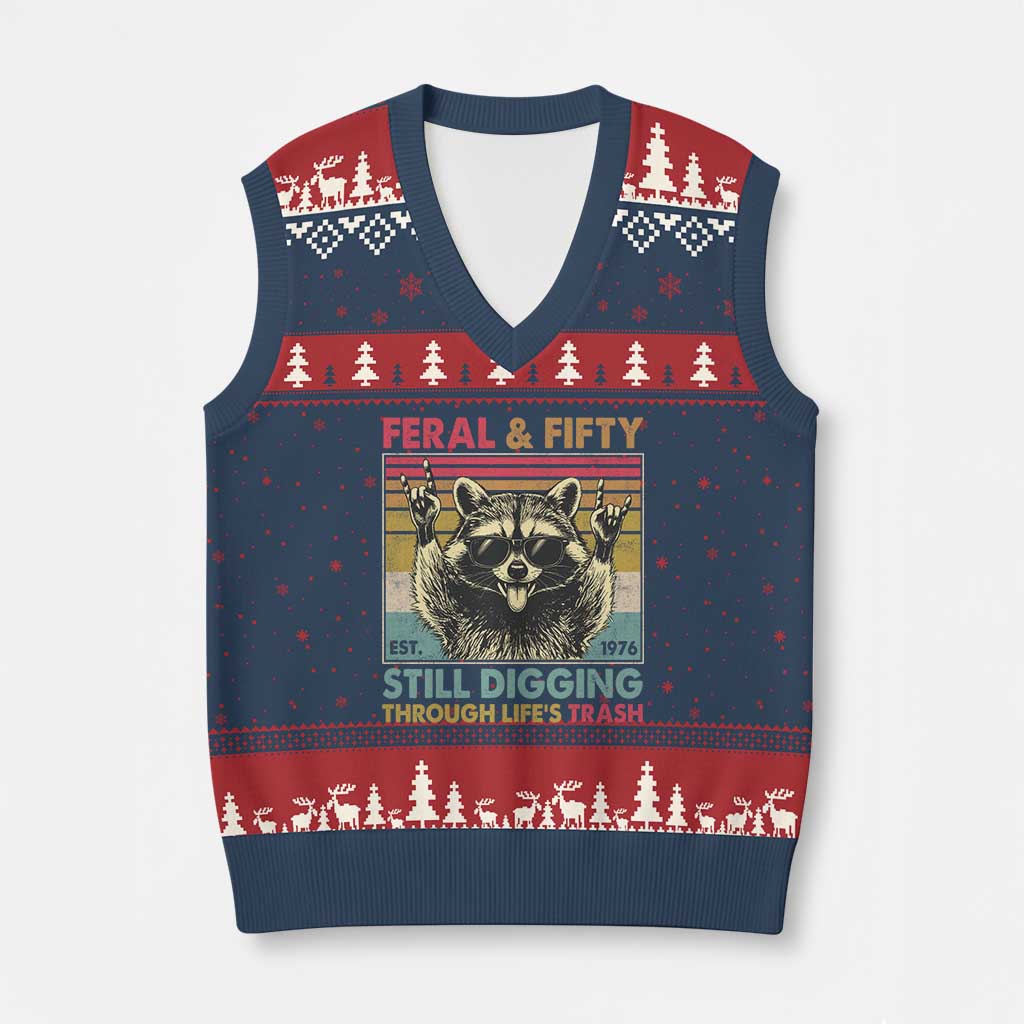 Funny 50th Birthday V-Neck Knit Sweater Vest Retro Racoon Feral And Fifty