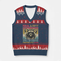 Funny 50th Birthday V-Neck Knit Sweater Vest Retro Racoon Feral And Fifty