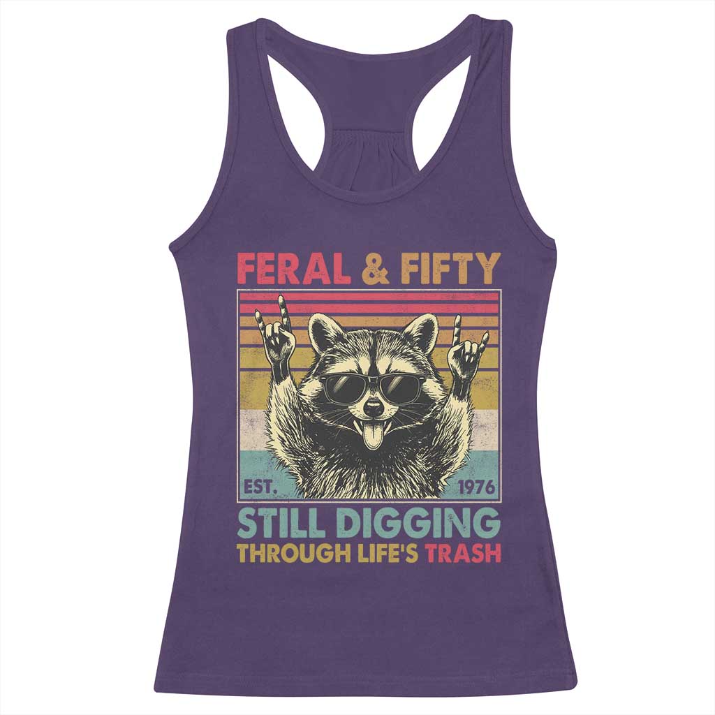 Funny 50th Birthday Racerback Tank Top Retro Racoon Feral And Fifty