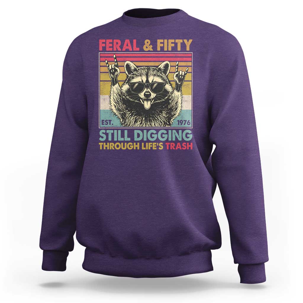 Funny 50th Birthday Sweatshirt Retro Racoon Feral And Fifty