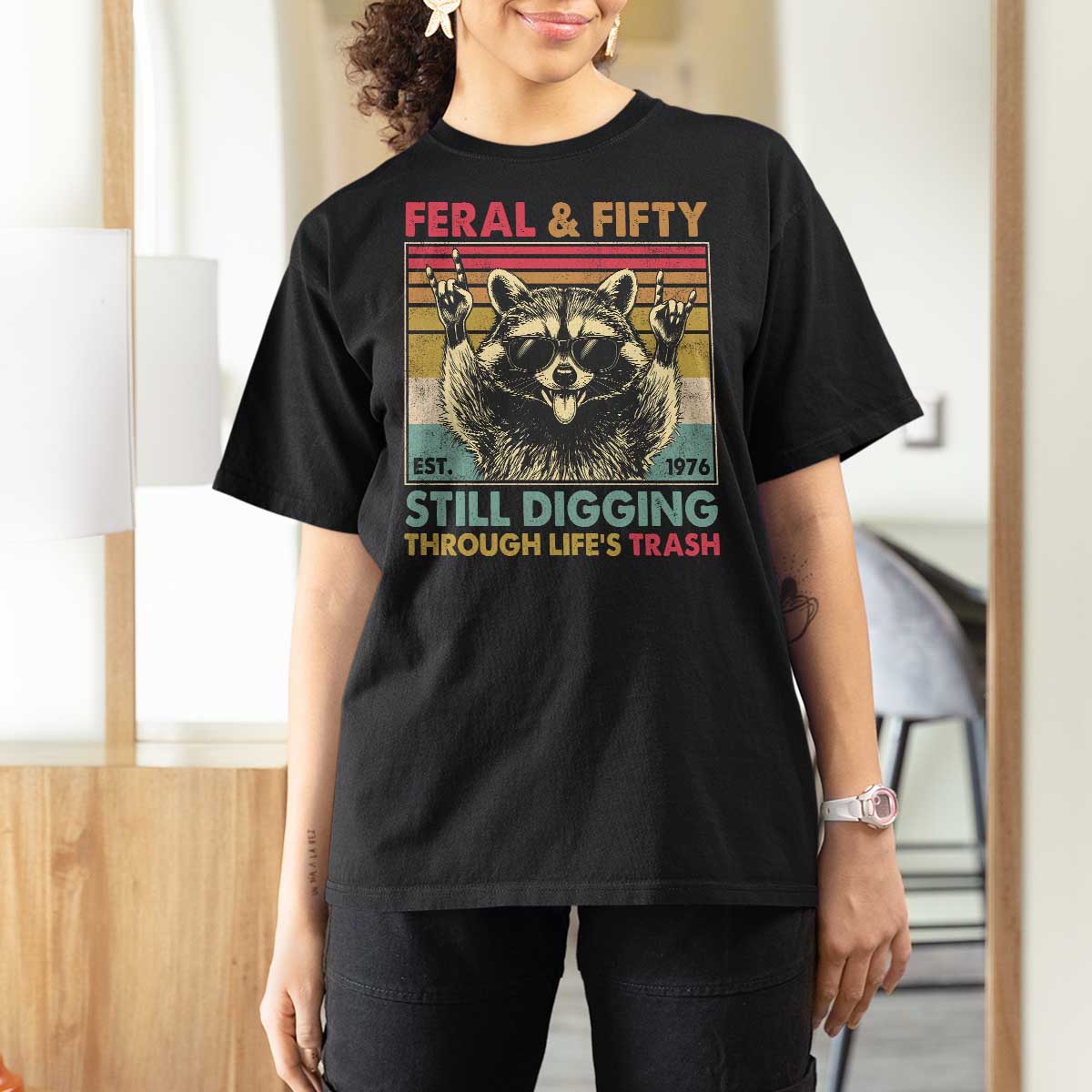 Funny 50th Birthday T Shirt For Women Retro Racoon Feral And Fifty