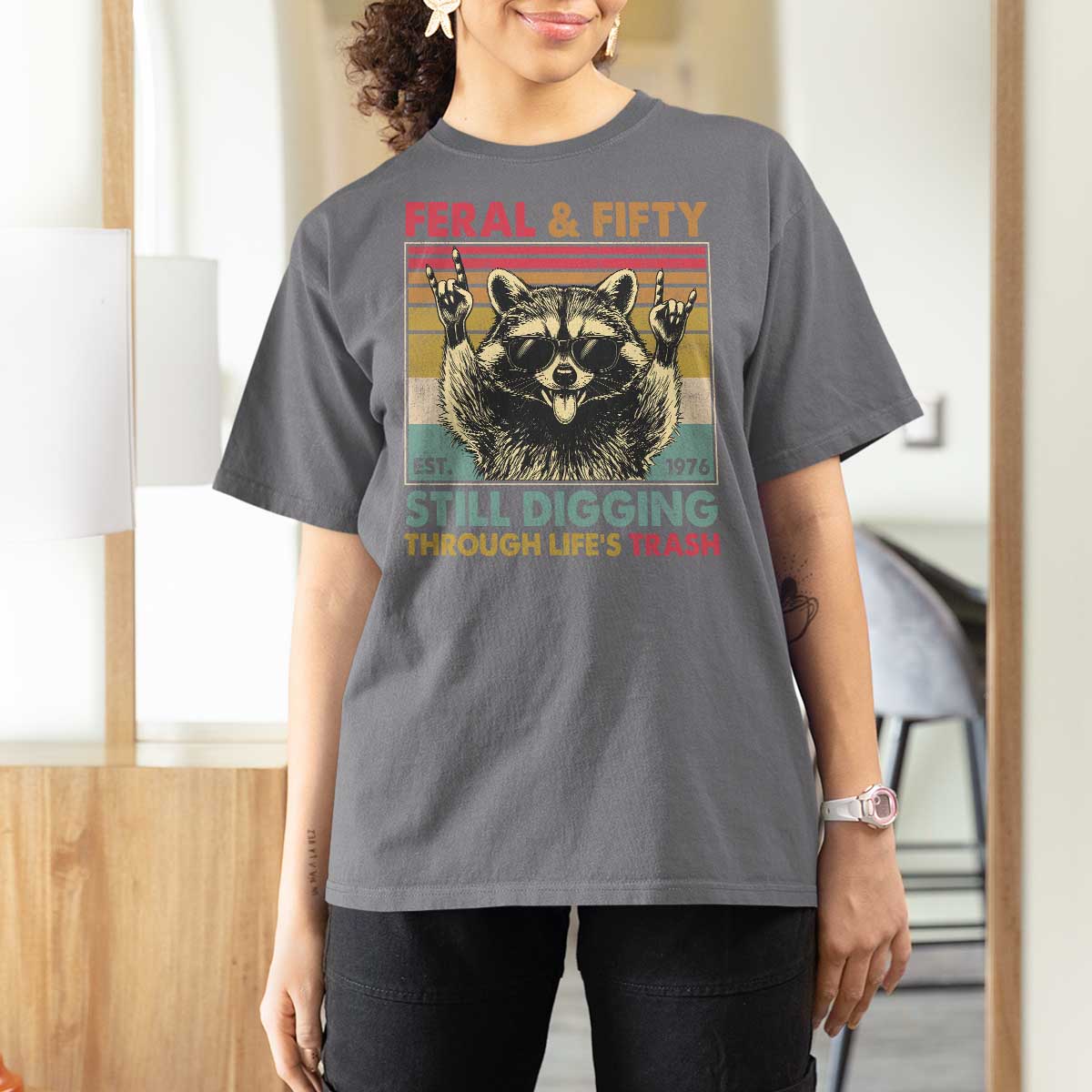 Funny 50th Birthday T Shirt For Women Retro Racoon Feral And Fifty