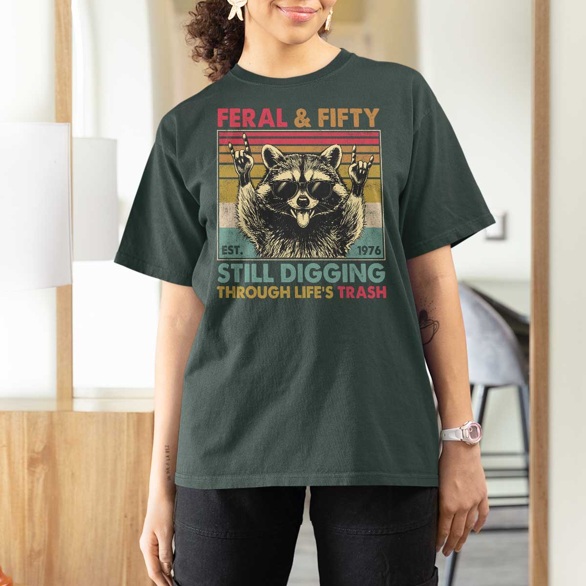 Funny 50th Birthday T Shirt For Women Retro Racoon Feral And Fifty
