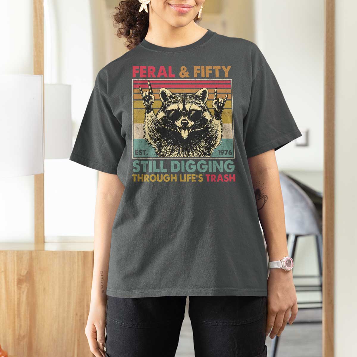 Funny 50th Birthday T Shirt For Women Retro Racoon Feral And Fifty