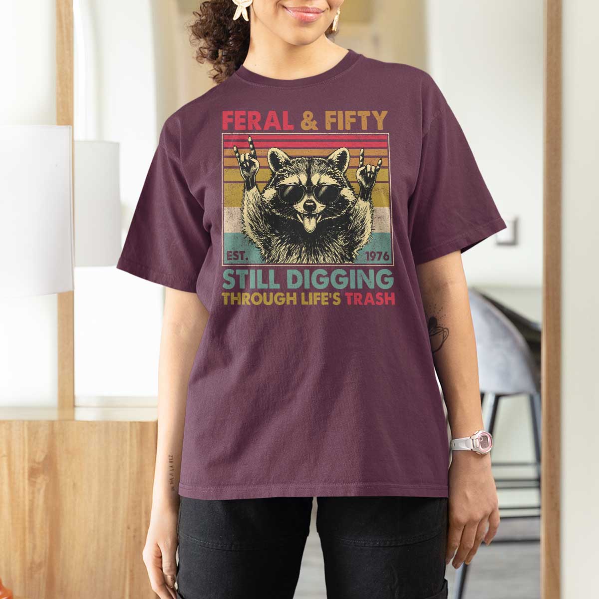 Funny 50th Birthday T Shirt For Women Retro Racoon Feral And Fifty