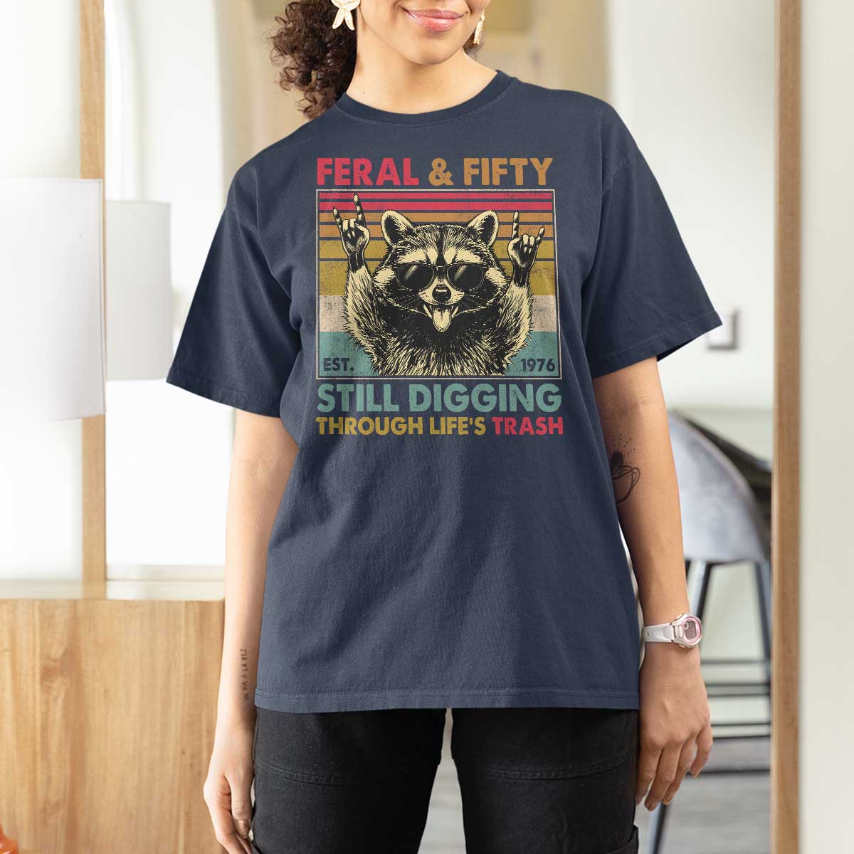 Funny 50th Birthday T Shirt For Women Retro Racoon Feral And Fifty