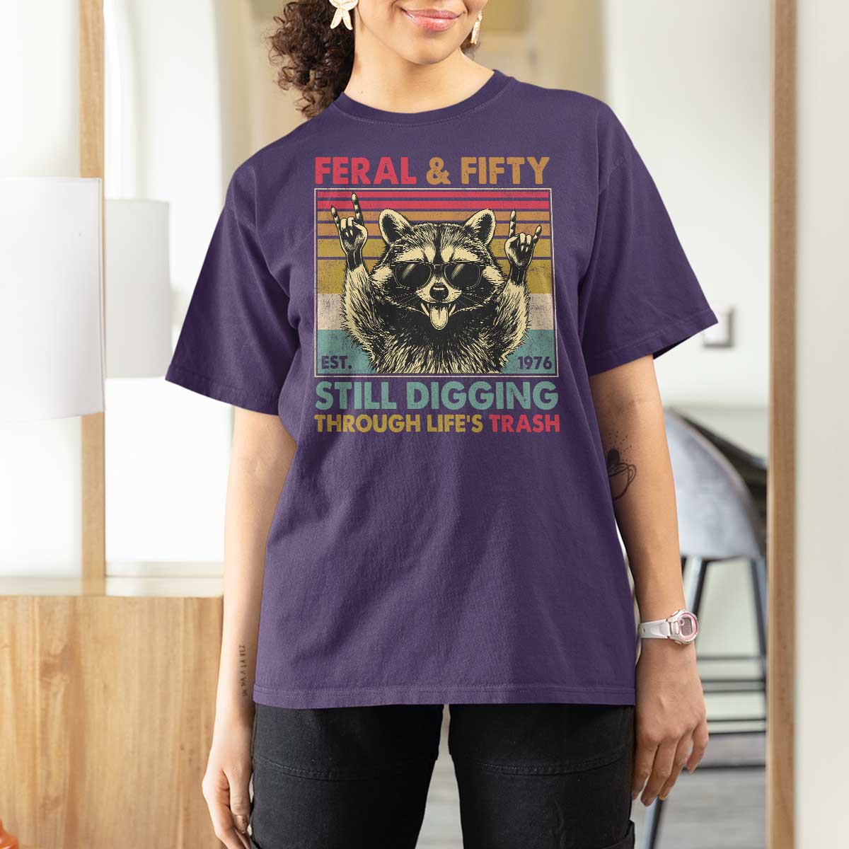 Funny 50th Birthday T Shirt For Women Retro Racoon Feral And Fifty