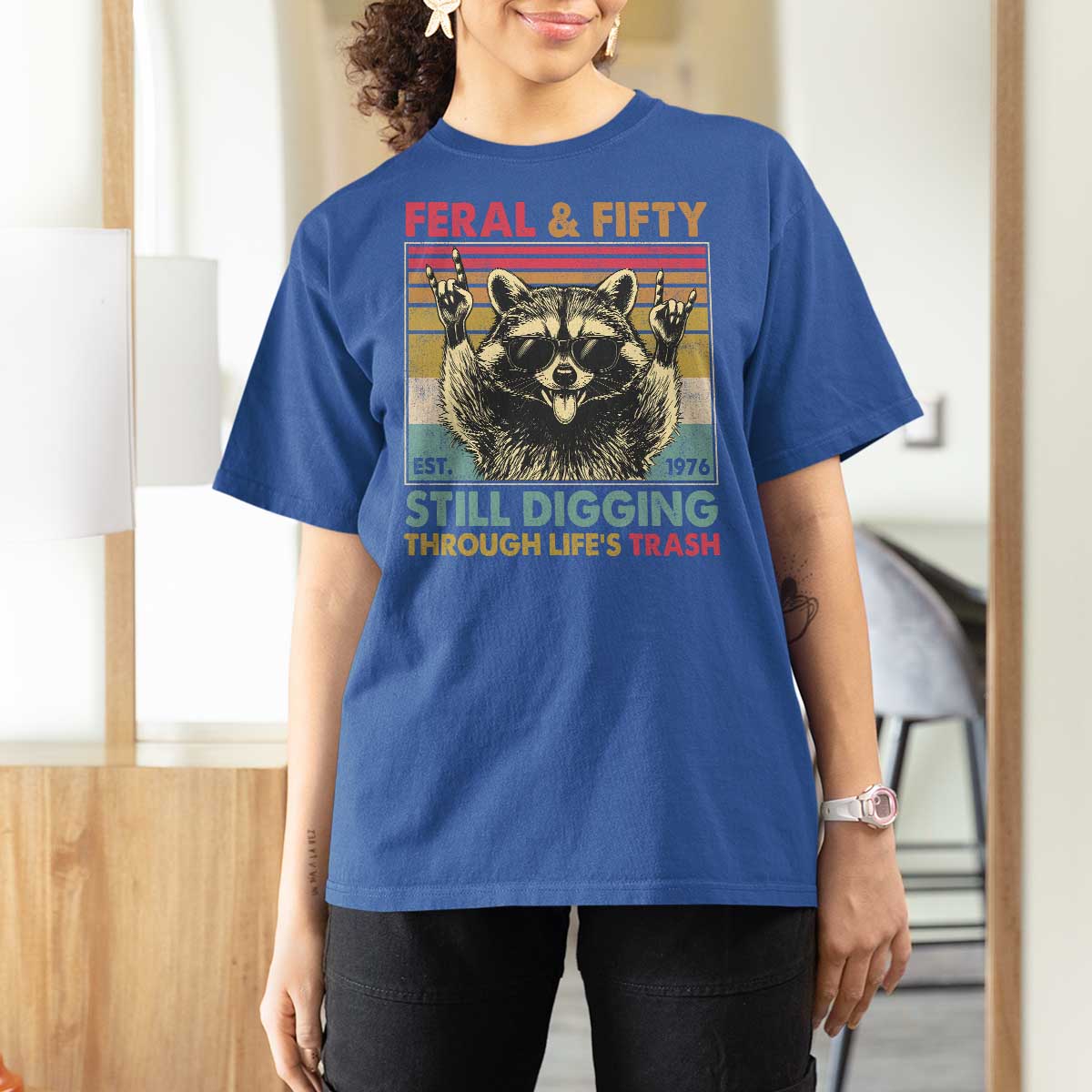 Funny 50th Birthday T Shirt For Women Retro Racoon Feral And Fifty