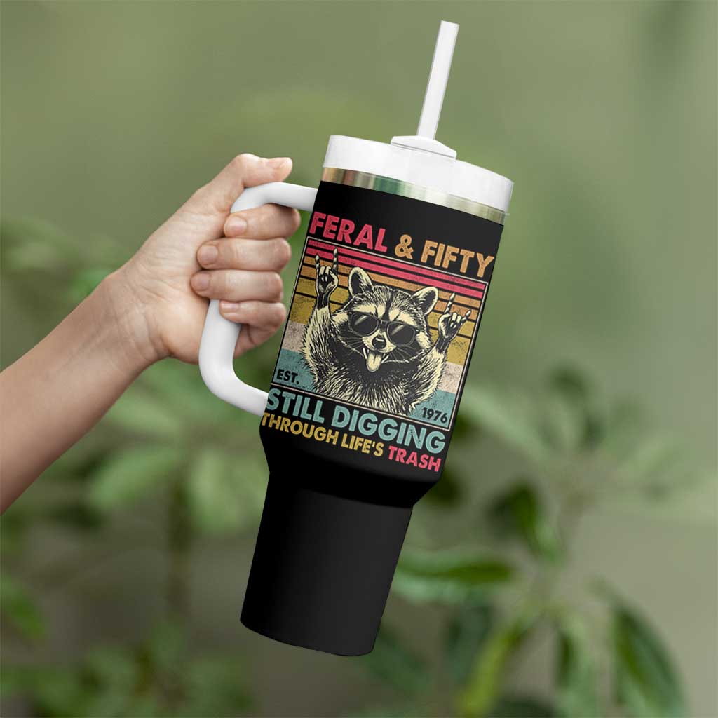 Funny 50th Birthday Tumbler With Handle Retro Racoon Feral And Fifty