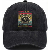 Funny 50th Birthday Washed Cotton Baseball Cap Retro Racoon Feral And Fifty