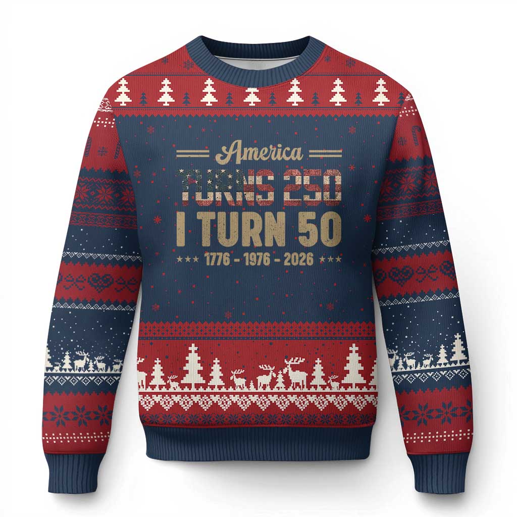 America Turns 250 I Turn 50 50th Birthday Ugly Christmas Sweater Vintage USA 250th Anniversary 1976 50 Year Old Gift