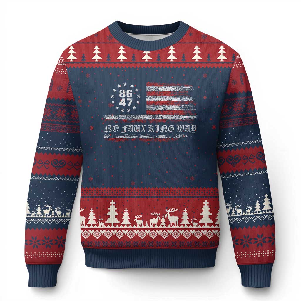 Snarky No Kings In America Ugly Christmas Sweater No Faux King Way 86 47 US Flag Impeach 47 - Wonder Print Shop