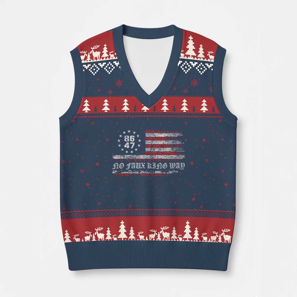 Snarky No Kings In America V-Neck Knit Sweater Vest No Faux King Way 86 47 US Flag Impeach 47 - Wonder Print Shop