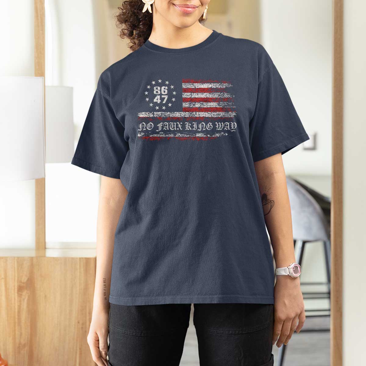 Snarky No Kings In America T Shirt For Women No Faux King Way 86 47 US Flag Impeach 47