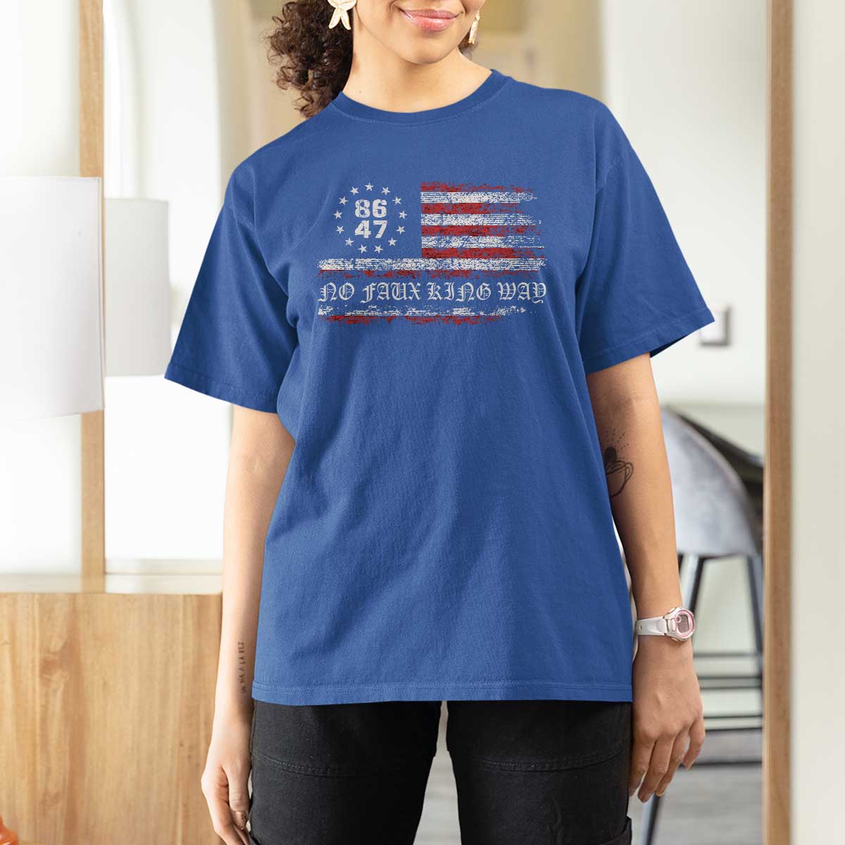 Snarky No Kings In America T Shirt For Women No Faux King Way 86 47 US Flag Impeach 47