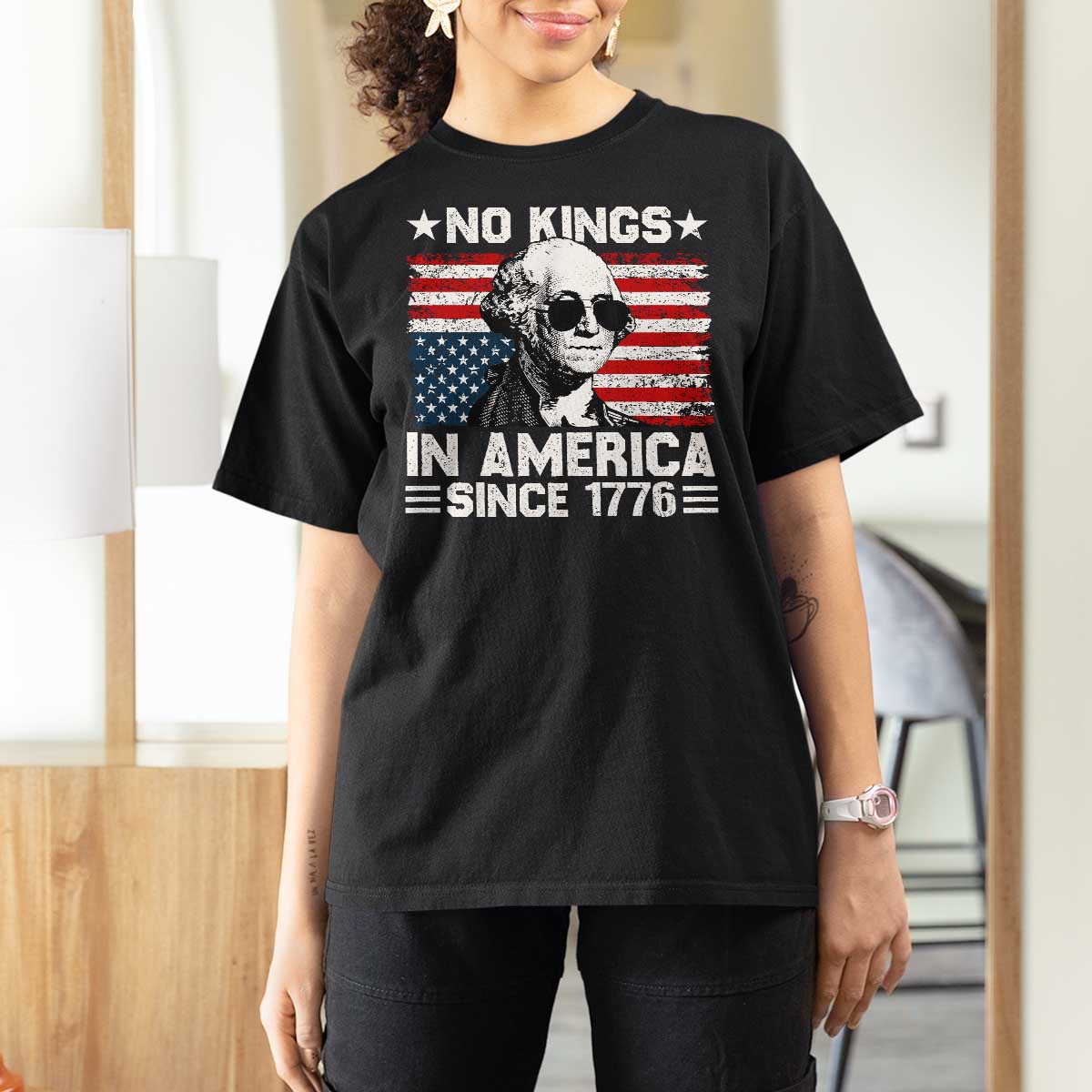 No Kings In America Since 1776 T Shirt For Women George Washington US Flag Upside Down