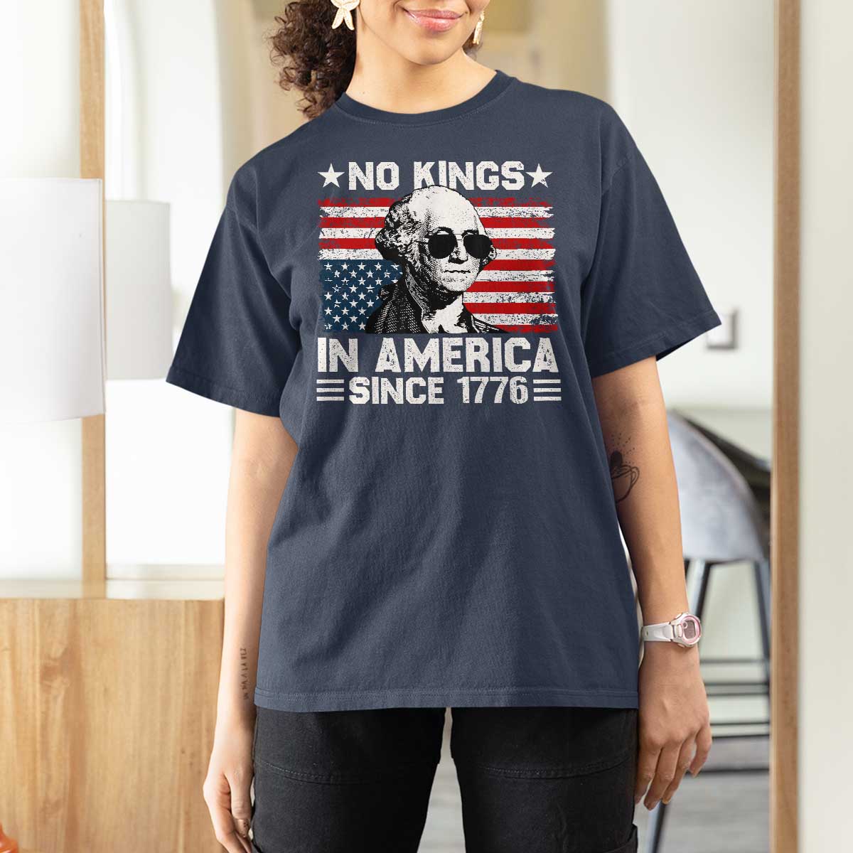 No Kings In America Since 1776 T Shirt For Women George Washington US Flag Upside Down