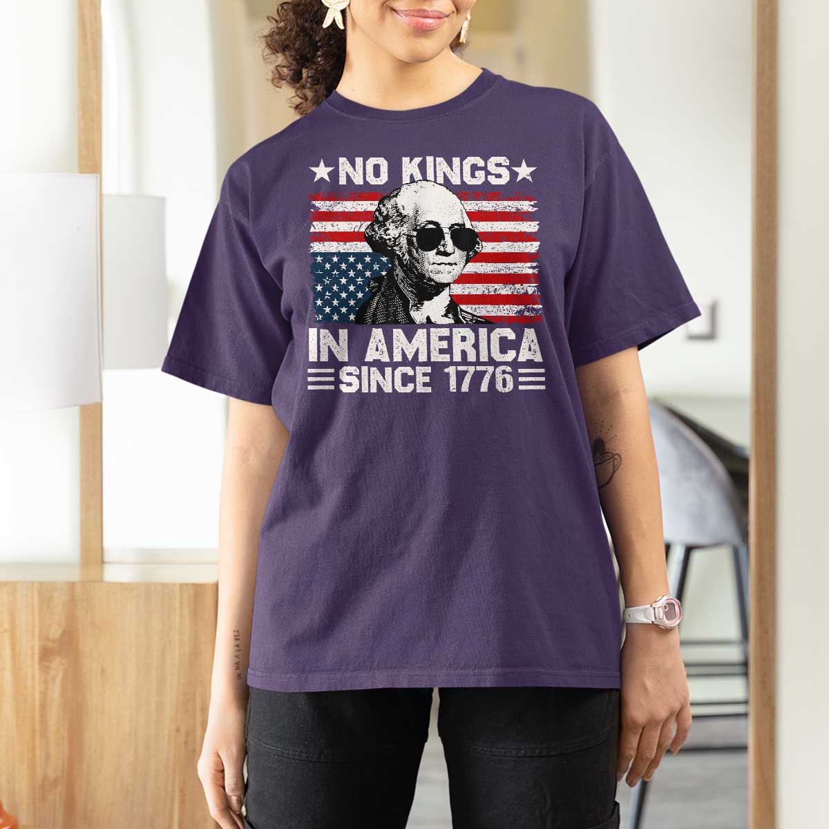 No Kings In America Since 1776 T Shirt For Women George Washington US Flag Upside Down