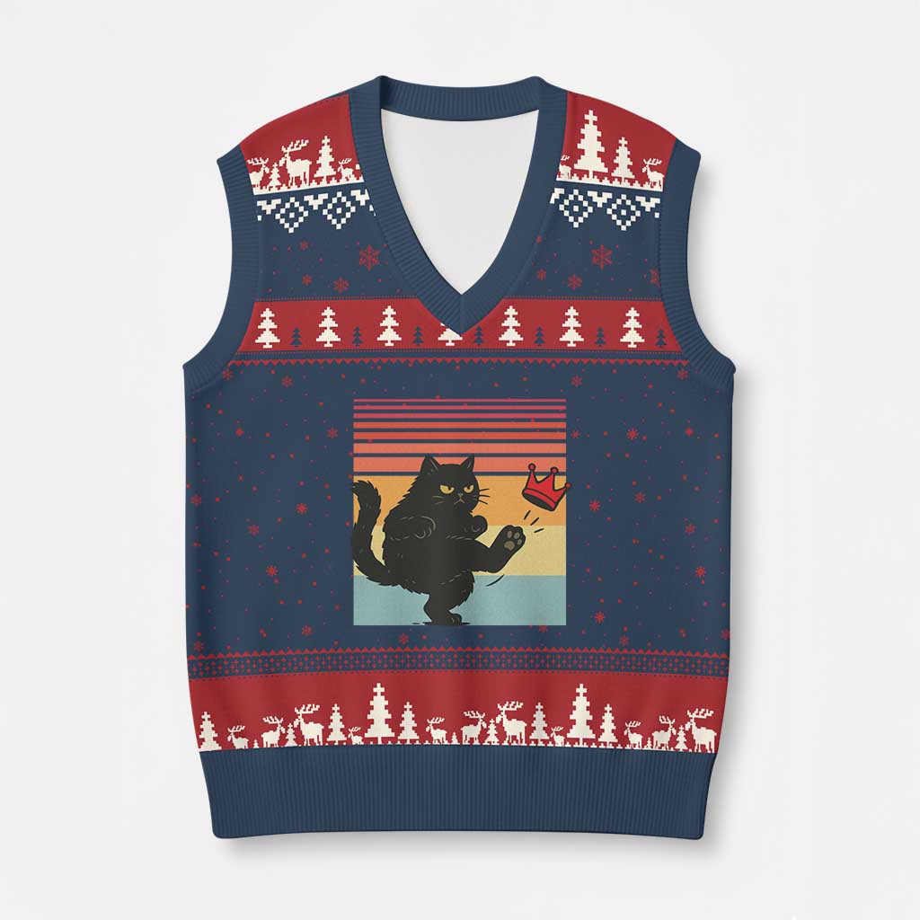 No Kings Black Cat V-Neck Knit Sweater Vest Funny Kitten Social Justice - Wonder Print Shop