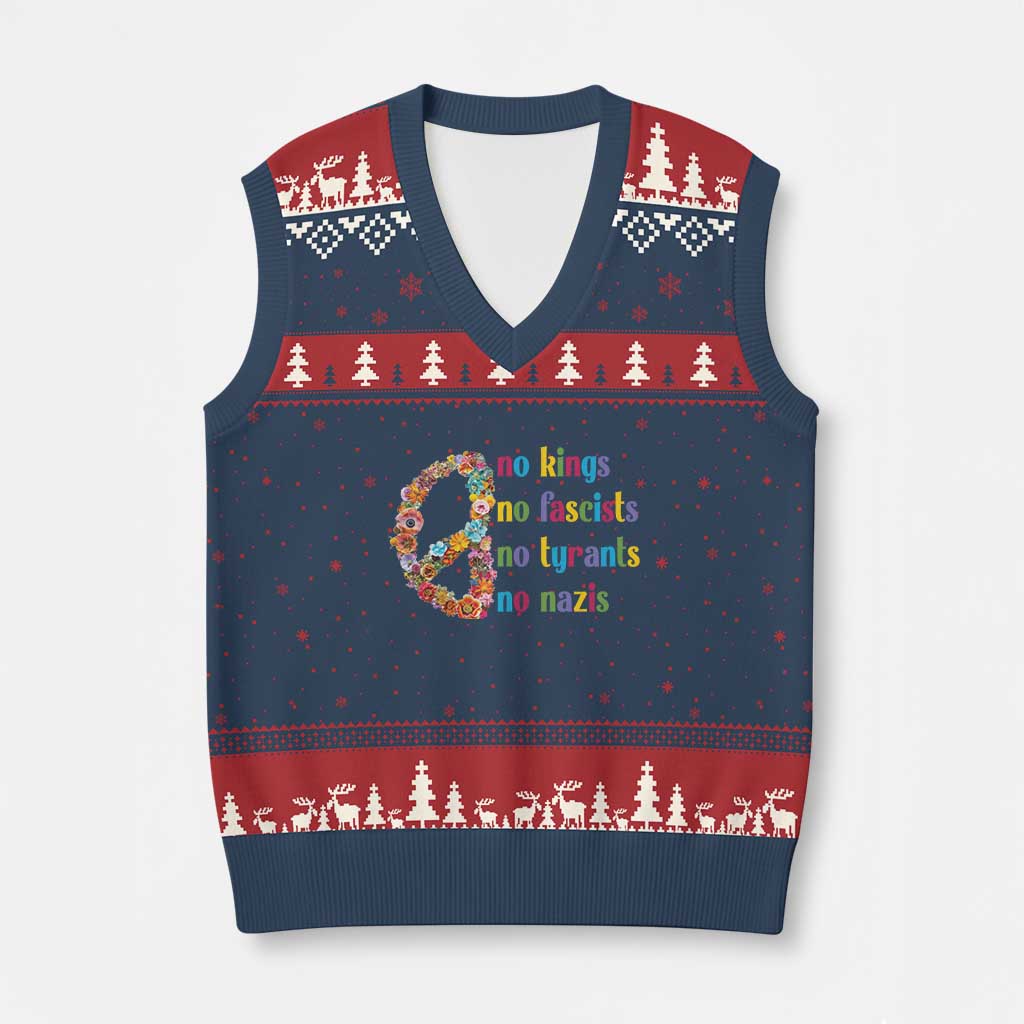 No Kings No Fascists V-Neck Knit Sweater Vest Floral Peace Sign Social Justice - Wonder Print Shop