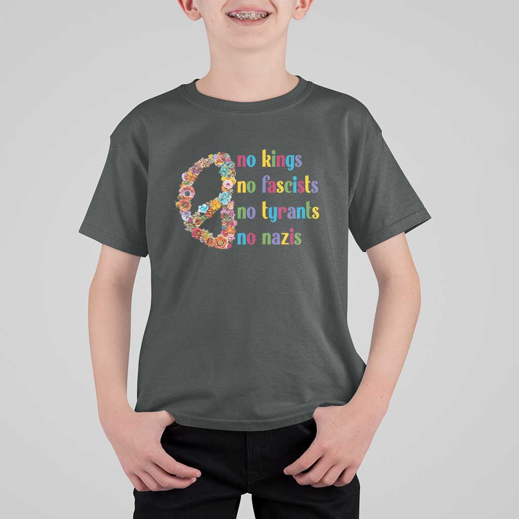 No Kings No Fascists T Shirt For Kid Floral Peace Sign Social Justice - Wonder Print Shop