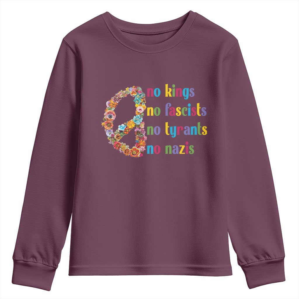 No Kings No Fascists Youth Sweatshirt Floral Peace Sign Social Justice - Wonder Print Shop