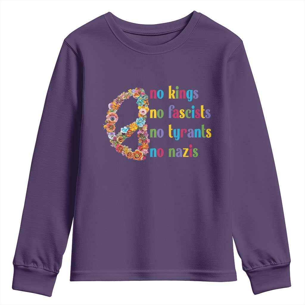 No Kings No Fascists Youth Sweatshirt Floral Peace Sign Social Justice - Wonder Print Shop