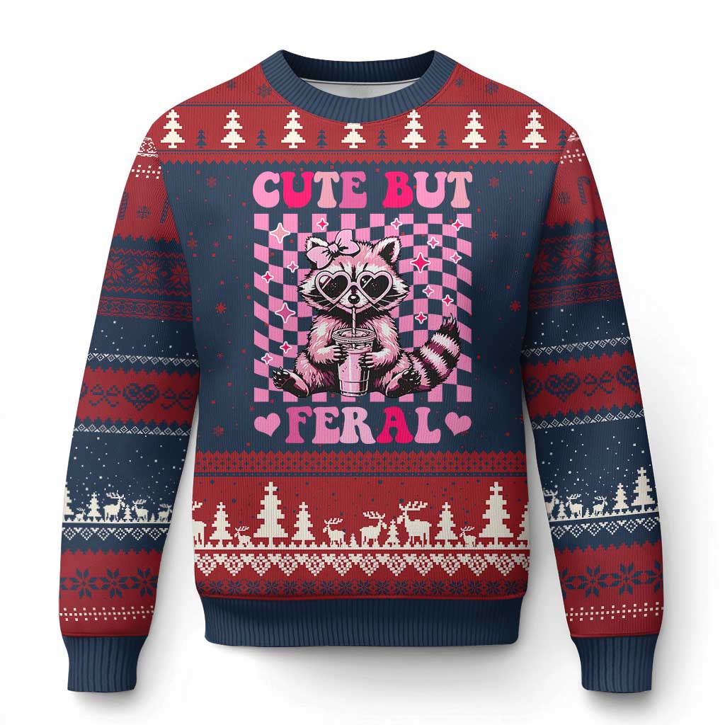 Cute But Feral Raccoon Ugly Christmas Sweater Funny Sunglasses Trash Panda - Wonder Print Shop