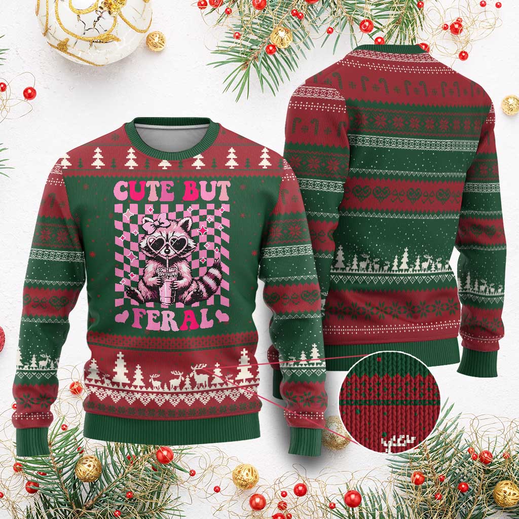 Cute But Feral Raccoon Ugly Christmas Sweater Funny Sunglasses Trash Panda - Wonder Print Shop