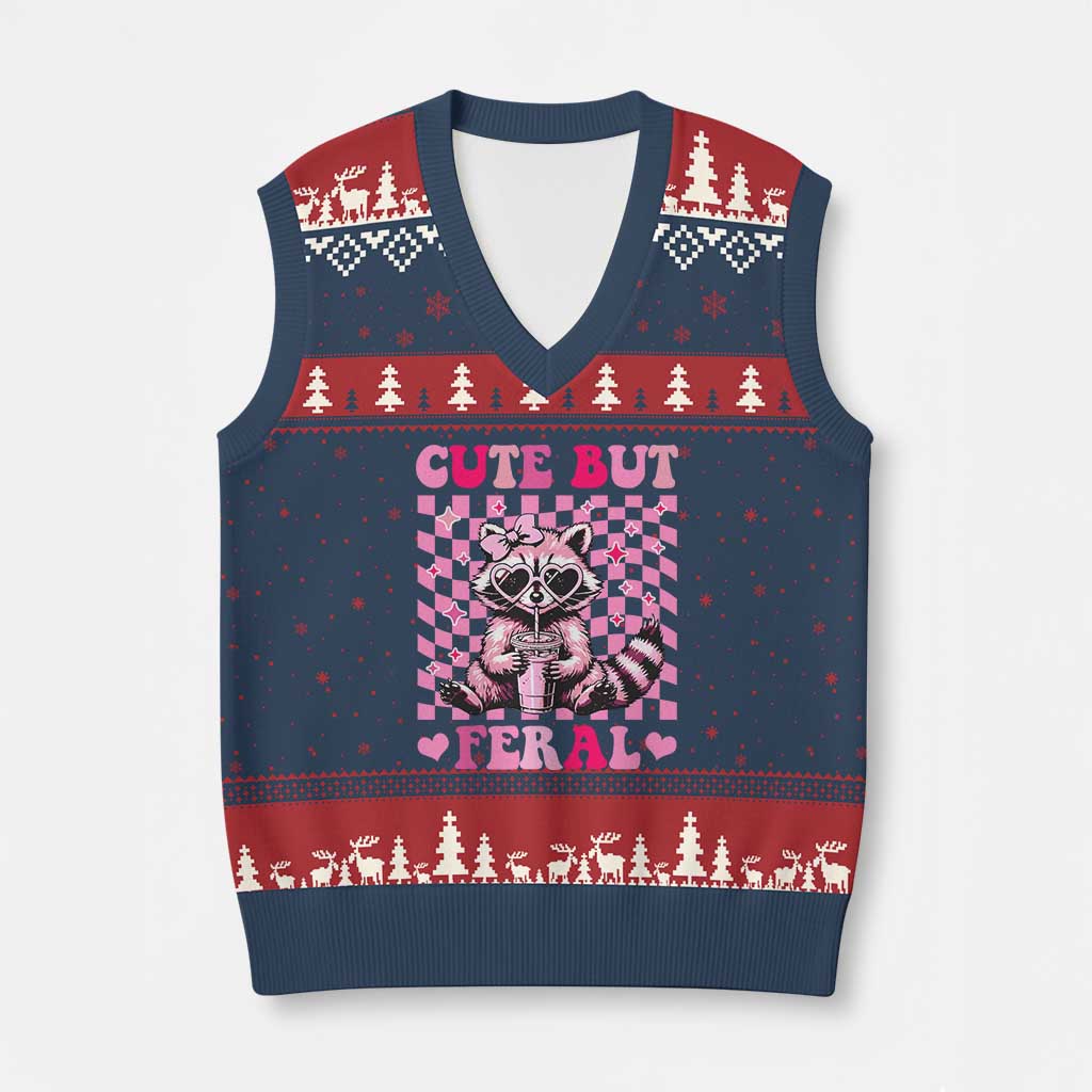 Cute But Feral Raccoon V-Neck Knit Sweater Vest Funny Sunglasses Trash Panda - Wonder Print Shop