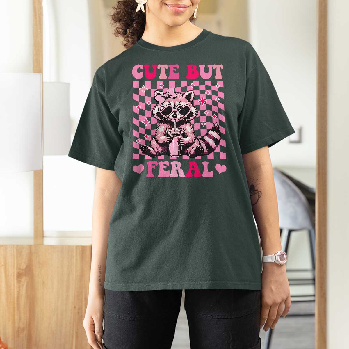 Cute But Feral Raccoon T Shirt For Women Funny Sunglasses Trash Panda - Wonder Print Shop