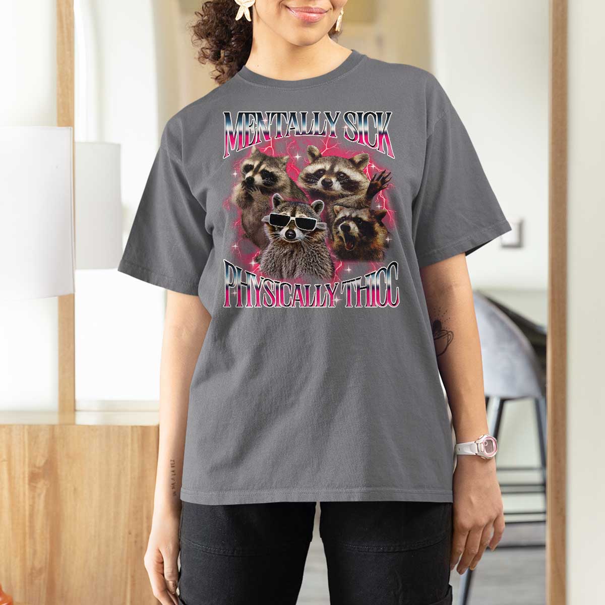 Physically Thicc Funny Raccoon Meme T Shirt For Women Mentally Sick Bootleg Graphic 90s - Wonder Print Shop