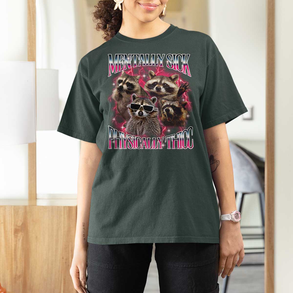 Physically Thicc Funny Raccoon Meme T Shirt For Women Mentally Sick Bootleg Graphic 90s - Wonder Print Shop