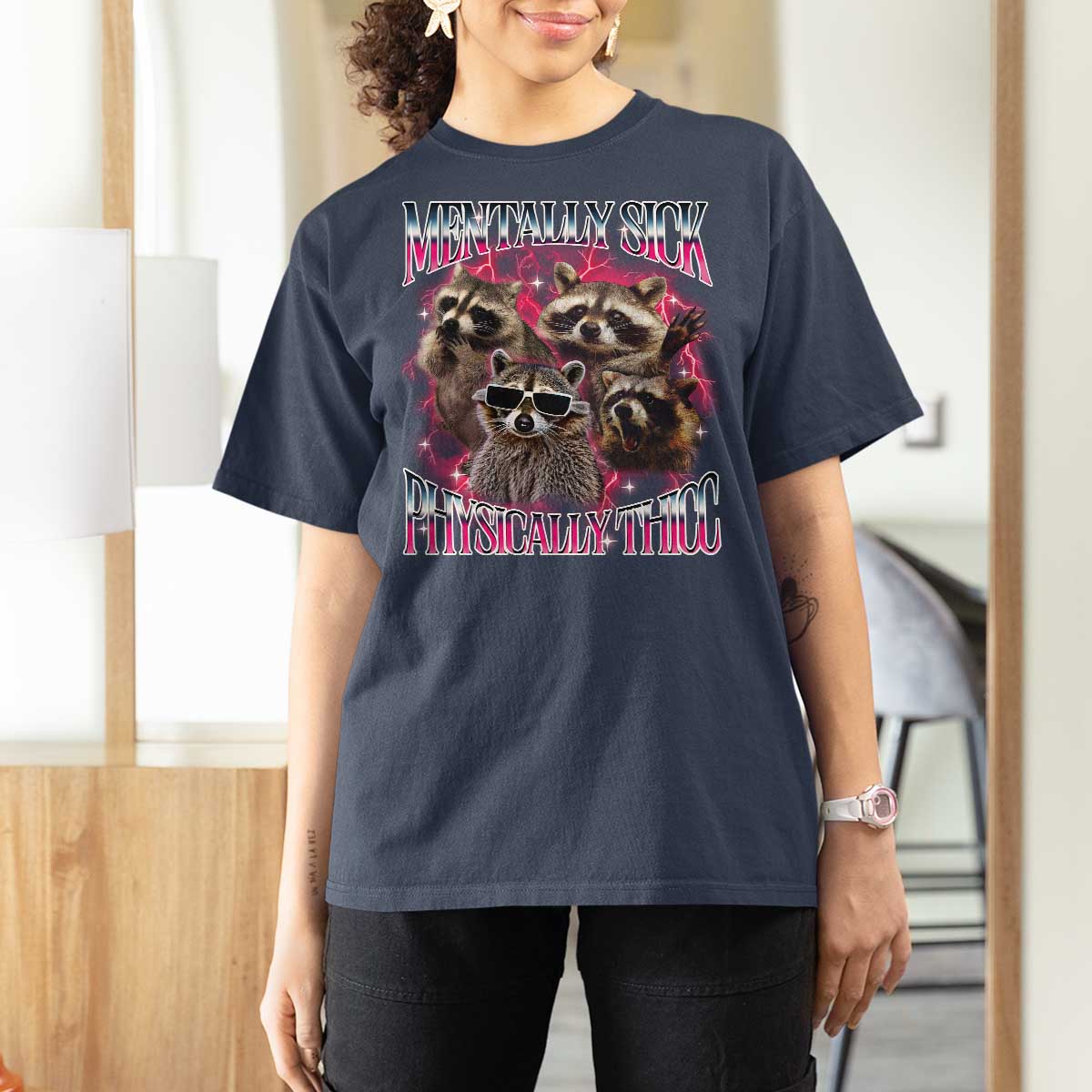 Physically Thicc Funny Raccoon Meme T Shirt For Women Mentally Sick Bootleg Graphic 90s - Wonder Print Shop
