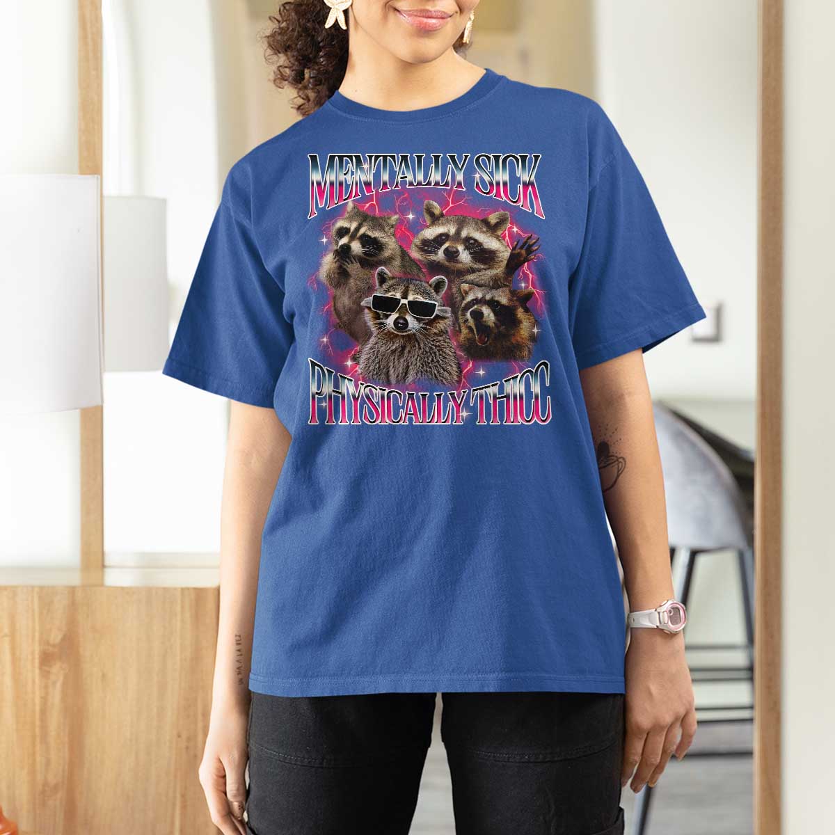 Physically Thicc Funny Raccoon Meme T Shirt For Women Mentally Sick Bootleg Graphic 90s - Wonder Print Shop