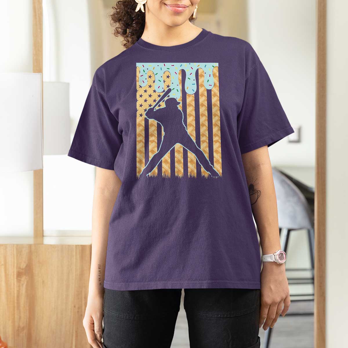Baseball Drip T Shirt For Women Dripping Ice Cream Sprinkles American Flag Boys - Wonder Print Shop
